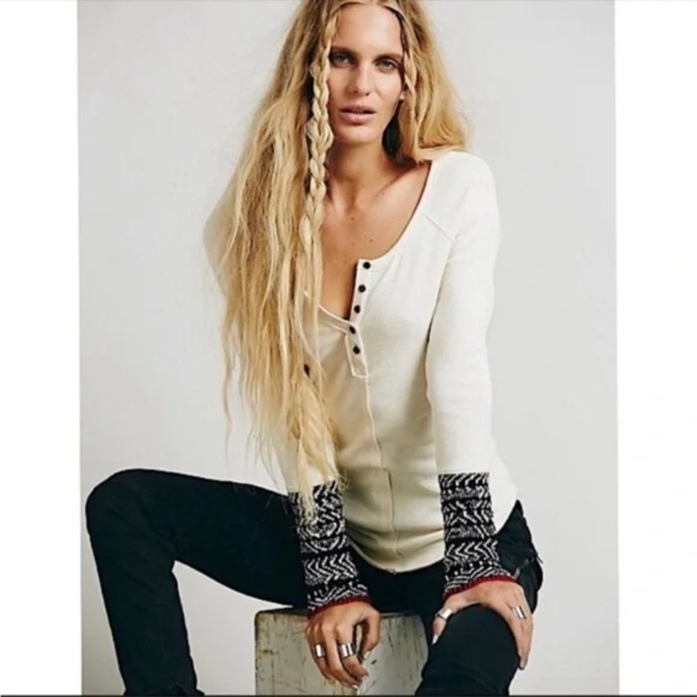 Free People Alpine Cuff Thermal Henley Cream Black White Red